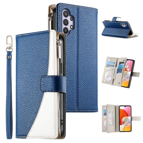Funda de cuero con cremallera para Samsung Galaxy A32 5G, con costuras, múltiples tarjetas y correa corta (azul oscuro)