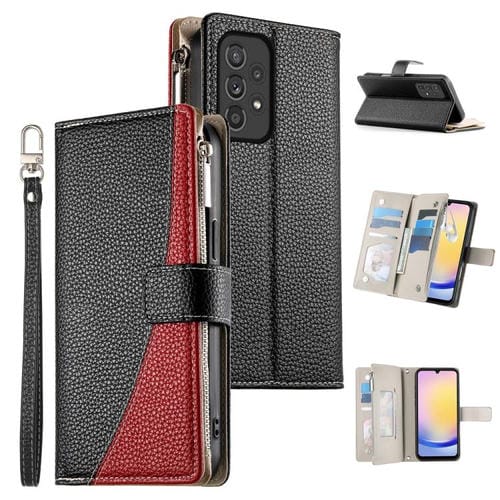 Funda de cuero tipo billetera con cremallera y múltiples tarjetas para Samsung Galaxy A33 5G con costuras y correa corta (negra)