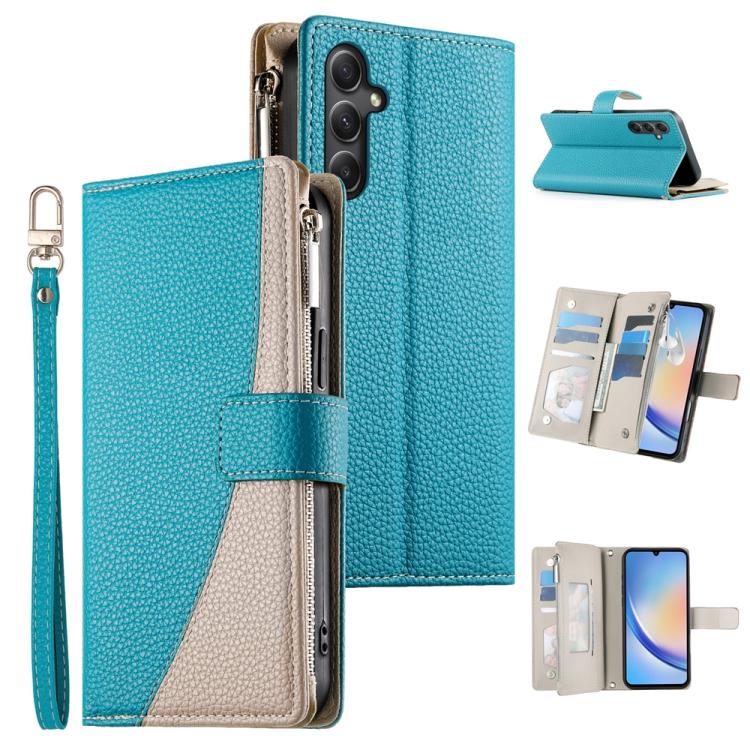 Funda de cuero tipo billetera con cremallera y múltiples tarjetas para Samsung Galaxy A34 5G, con costuras y correa corta (azul)