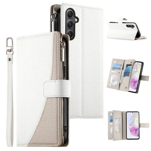 Funda de cuero tipo billetera con cremallera y múltiples tarjetas para Samsung Galaxy A35 5G, con costuras y correa corta (blanca)