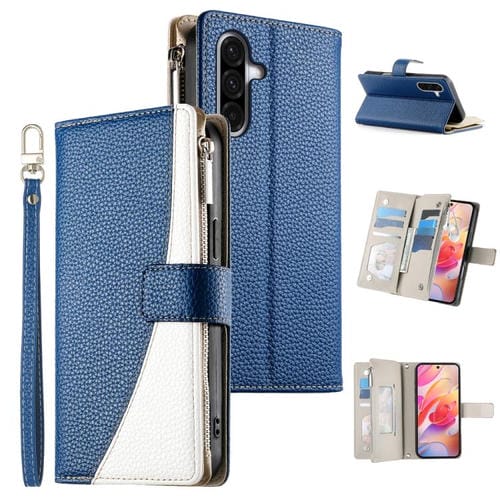 Funda de cuero tipo billetera con cremallera y múltiples tarjetas para Samsung Galaxy A36 5G, con costuras y correa corta (azul oscuro)