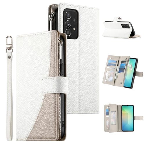 Funda de cuero tipo billetera con cremallera y múltiples tarjetas para Samsung Galaxy A52 4G / 5G / A52s 5G con costuras y correa corta (blanca)