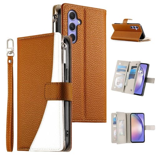 Funda de cuero con cremallera para Samsung Galaxy A54 5G, con costuras, para múltiples tarjetas y correa corta (marrón)