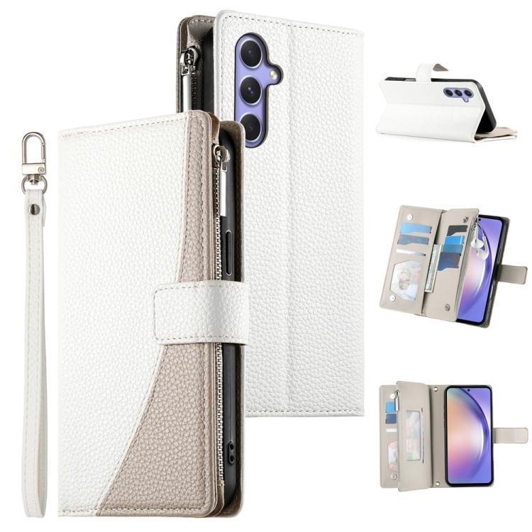 Funda de cuero tipo billetera con cremallera y múltiples tarjetas para Samsung Galaxy A54 5G, con costuras y correa corta (blanca)