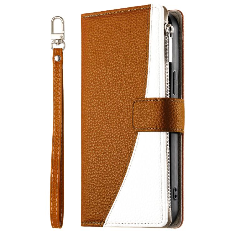 Funda de cuero con cremallera para Sony Xperia 1 IV, con costuras, para múltiples tarjetas y correa corta (marrón)