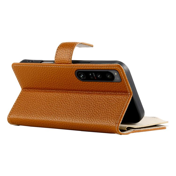Funda de cuero con cremallera para Sony Xperia 1 IV, con costuras, para múltiples tarjetas y correa corta (marrón)
