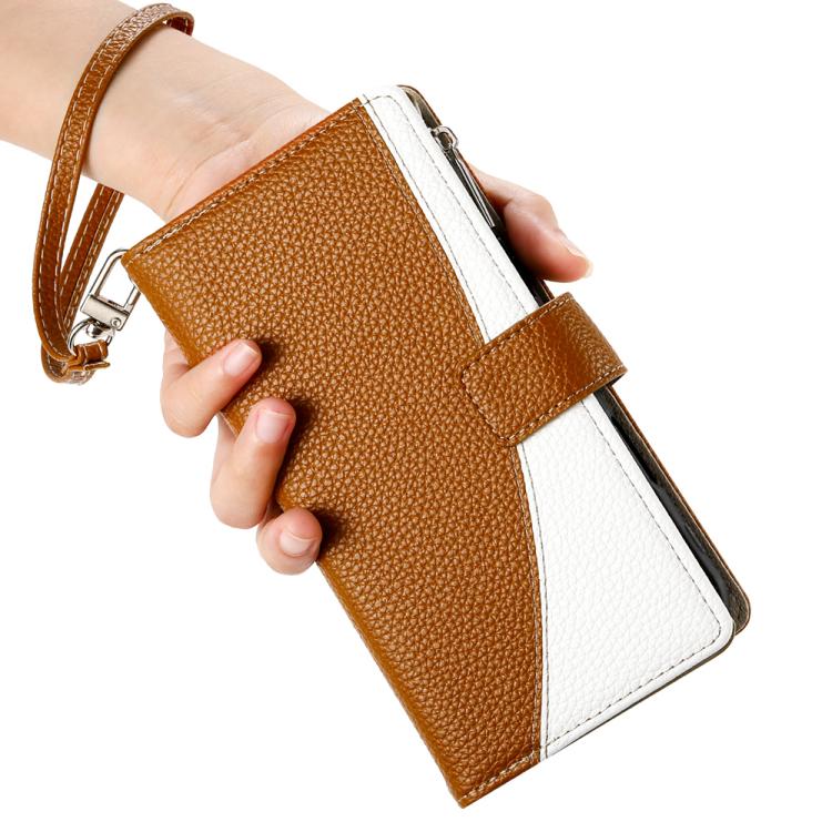 Funda de cuero con cremallera para Sony Xperia 1 IV, con costuras, para múltiples tarjetas y correa corta (marrón)