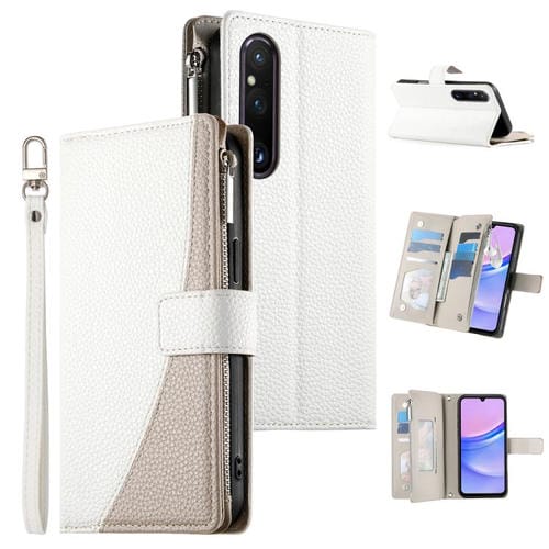 Funda de cuero tipo billetera con cremallera y múltiples tarjetas para Sony Xperia 1 V, con costuras y correa corta (blanca)