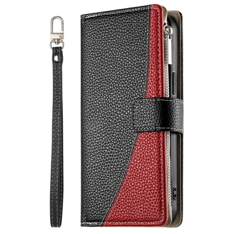 Funda de cuero con cremallera para Sony Xperia 1 VI, con costuras, múltiples tarjetas y correa corta (negra)