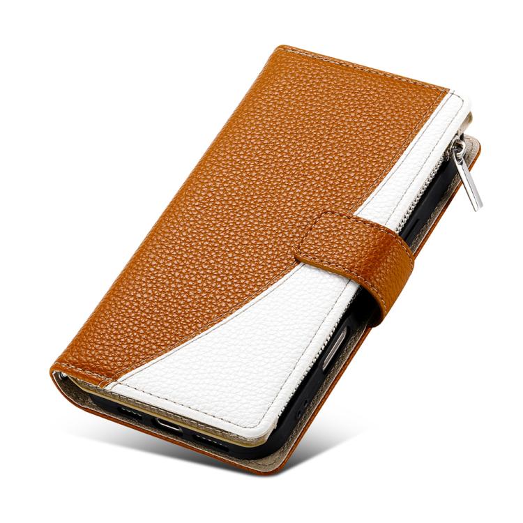 Funda de cuero con cremallera para Sony Xperia 1 VII, con costuras, para múltiples tarjetas y correa corta (marrón)