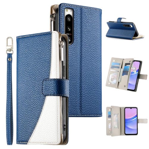 Funda de cuero con cremallera para Sony Xperia 5 IV, con costuras, para múltiples tarjetas y correa corta (azul oscuro)