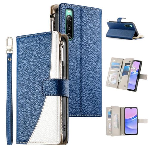 Funda de cuero con cremallera para Sony Xperia 10 IV, con costuras, para múltiples tarjetas y correa corta (azul oscuro)