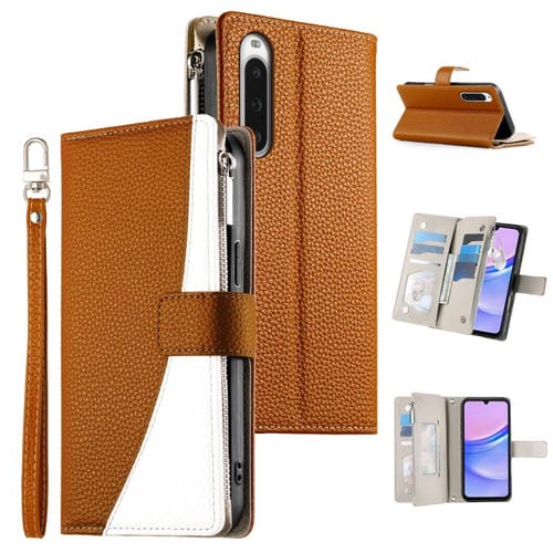 Funda de cuero tipo billetera con cremallera y múltiples tarjetas para Sony Xperia 10 V, con costuras y correa corta (marrón)