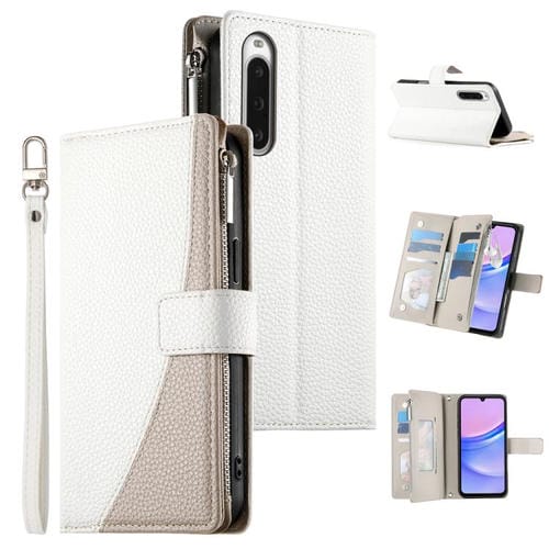 Funda de cuero tipo billetera con cremallera y múltiples tarjetas para Sony Xperia 10 V, con costuras y correa corta (blanca)