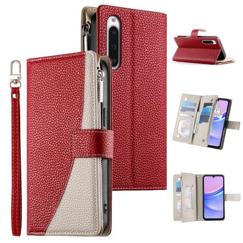 Funda de cuero tipo billetera con cremallera y múltiples tarjetas para Sony Xperia 10 V con costuras y correa corta (roja)