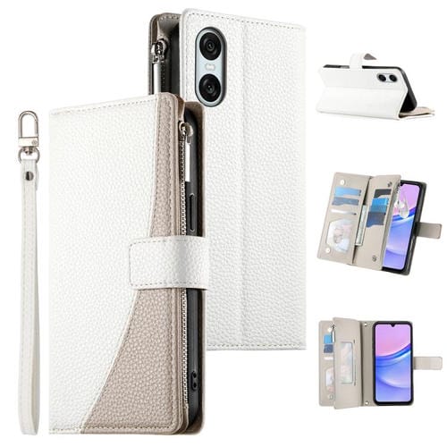 Funda de cuero tipo billetera con cremallera y múltiples tarjetas para Sony Xperia 10 VI con costuras y correa corta (blanca)