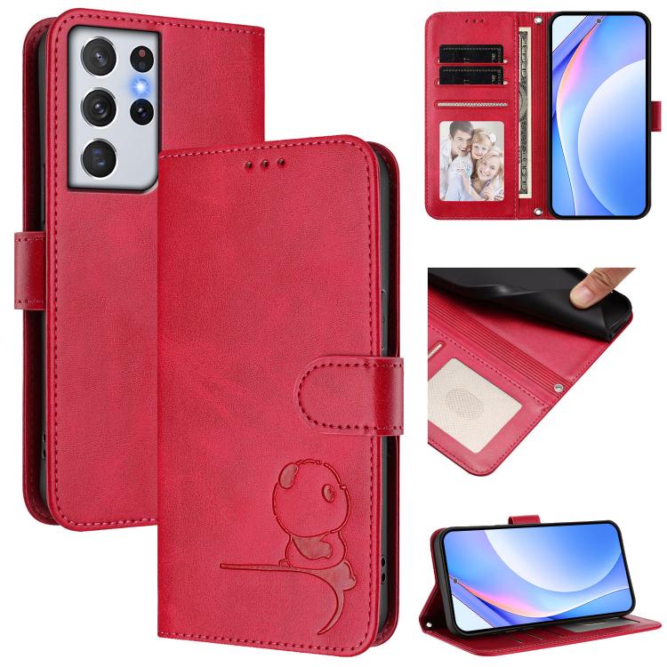 Funda de piel con estampado RFID y cordón para Samsung Galaxy S21 Ultra 5G (rosa y rojo)