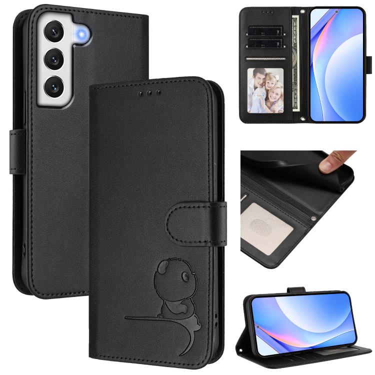 Funda de cuero RFID con estampado de panda para Samsung Galaxy S21 FE 5G con cordón (negra)