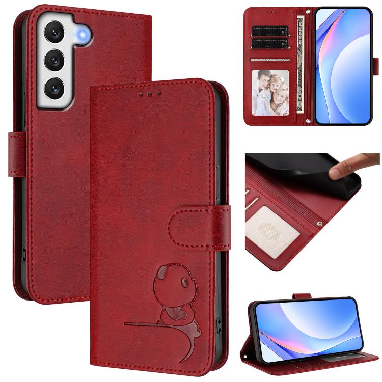 Funda de piel con estampado RFID y cordón para Samsung Galaxy S22+ 5G (rojo vino)