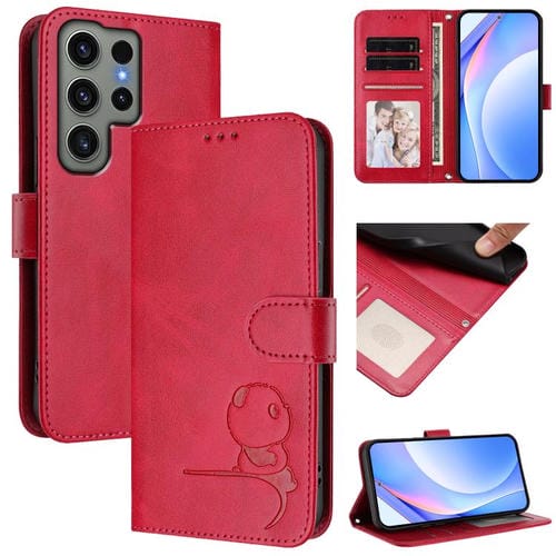Funda de cuero RFID con estampado de panda y cordón para Samsung Galaxy S23 Ultra 5G (rosa)