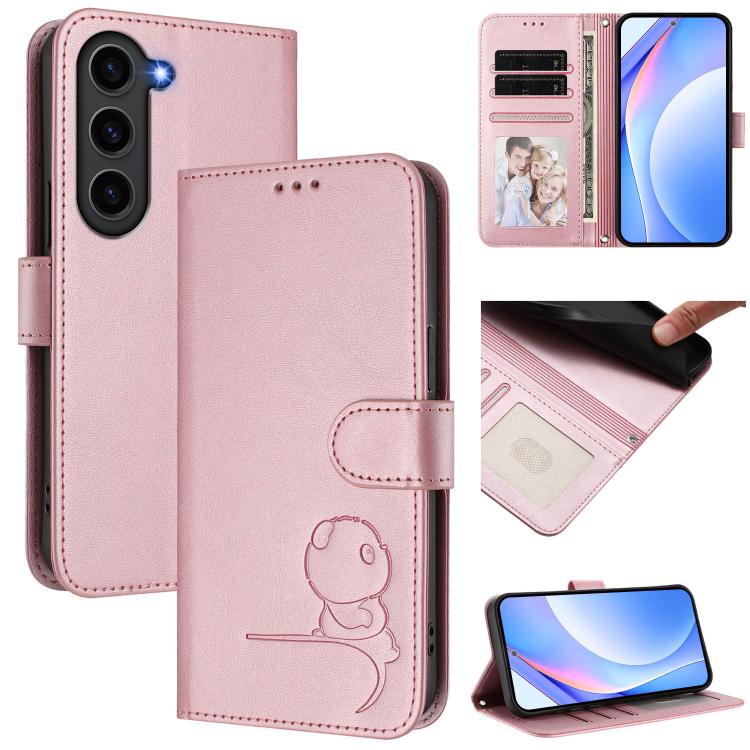 Funda de cuero RFID con estampado de panda y cordón para Samsung Galaxy S23 FE 5G (rosa)