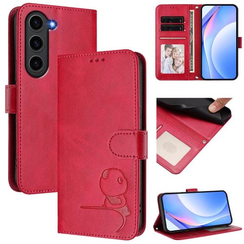 Funda de cuero RFID con estampado de panda para Samsung Galaxy S23 FE 5G con cordón (rosa)