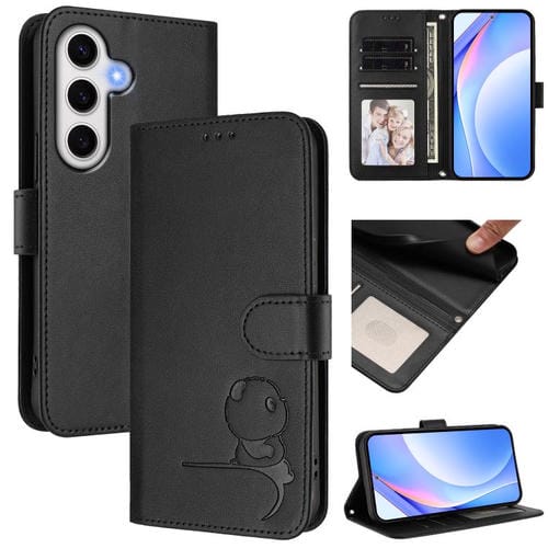 Funda de cuero RFID con estampado de panda y cordón para Samsung Galaxy S24 FE 5G (negro)