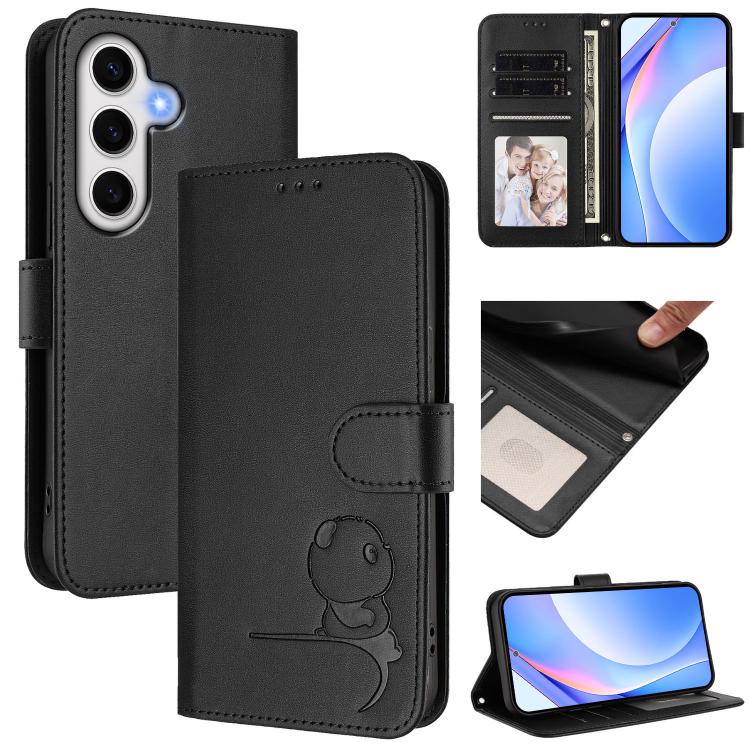 Funda de cuero RFID con estampado de panda y cordón para Samsung Galaxy S24 FE 5G (negro)