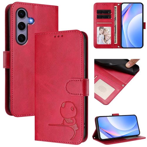Funda de cuero RFID con estampado de panda y cordón para Samsung Galaxy S25/S24 5G (rosa)