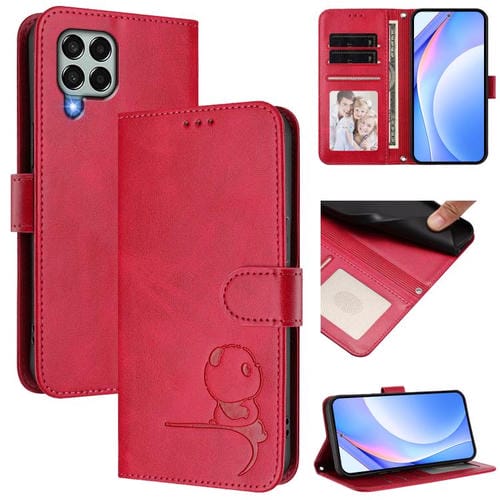 Funda de cuero RFID con estampado de panda para Samsung Galaxy M33 5G con cordón (rosa)