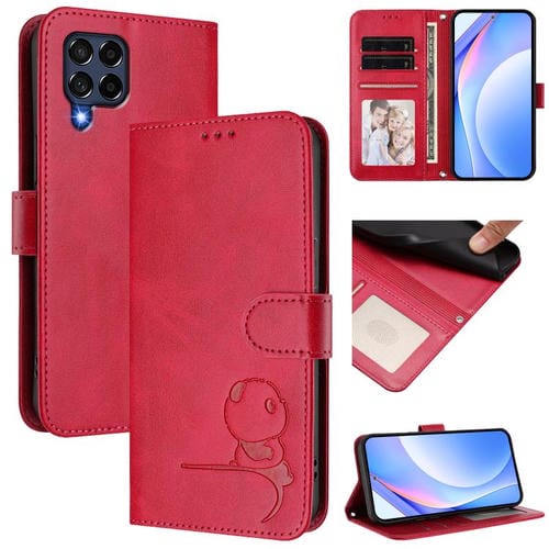 Funda de cuero RFID con estampado de panda y cordón para Samsung Galaxy M53 5G (rosa)