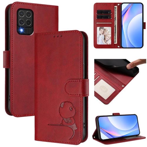Funda de piel con grabado RFID y cordón para Samsung Galaxy M62/F62 4G (rojo vino)