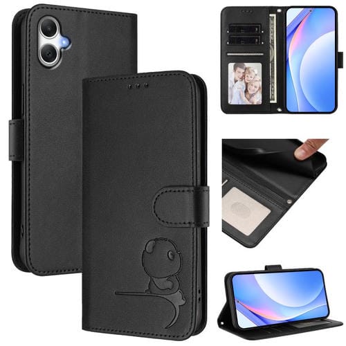 Funda de piel con estampado de panda y RFID para Samsung Galaxy A05/M05/F05 con cordón (negra)