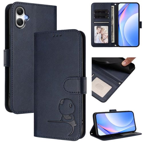 Funda de piel con estampado de panda y RFID para Samsung Galaxy A05/M05/F05 con cordón (azul)