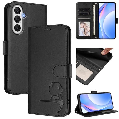 Funda de cuero RFID con estampado de panda y cordón para Samsung Galaxy A05s 4G / F14 4G (negra)