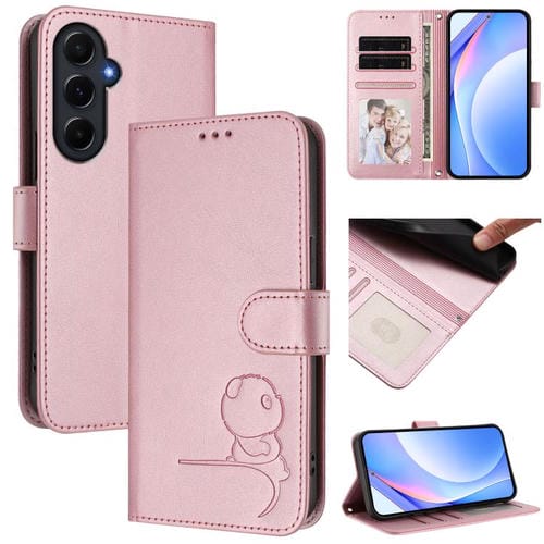 Funda de cuero con relieve RFID y cordón para Samsung Galaxy A55 5G (rosa)