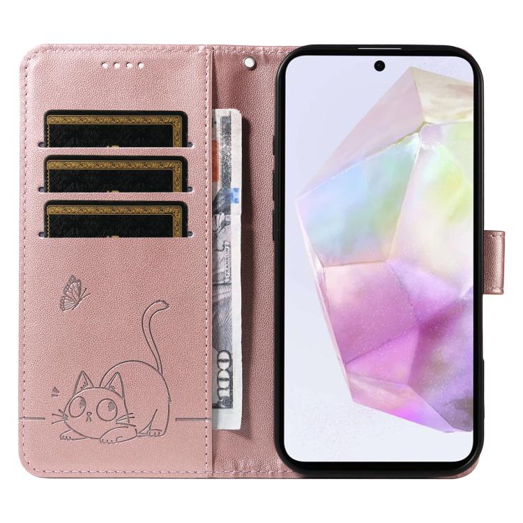 Funda de cuero con tapa y estampado de gato adorable para Samsung Galaxy A56 5G (oro rosa)