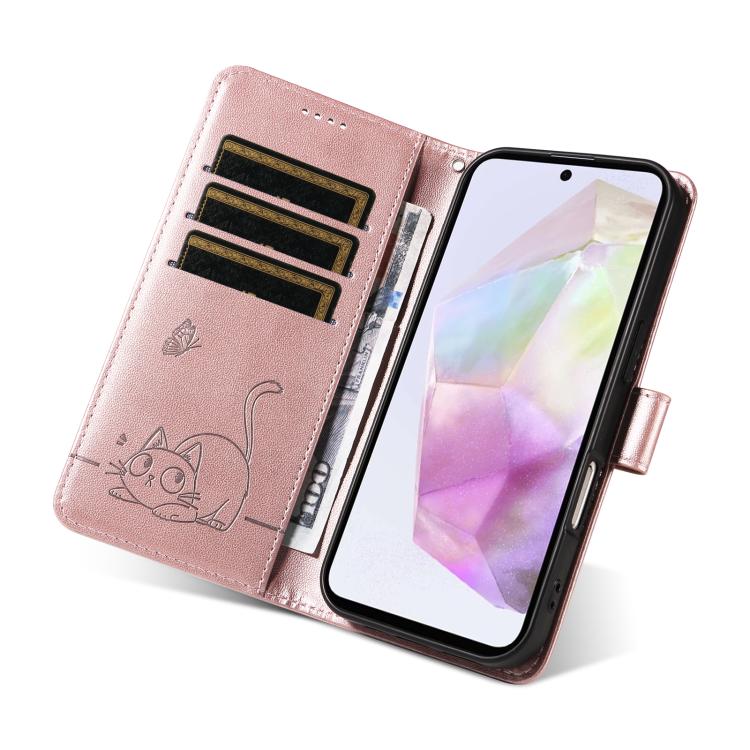 Funda de cuero con tapa y estampado de gato adorable para Samsung Galaxy A56 5G (oro rosa)