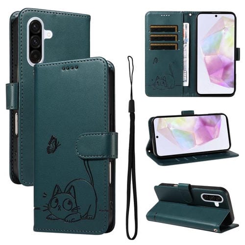 Funda de cuero con tapa y estampado de gato adorable para Samsung Galaxy A56 5G (verde oscuro)