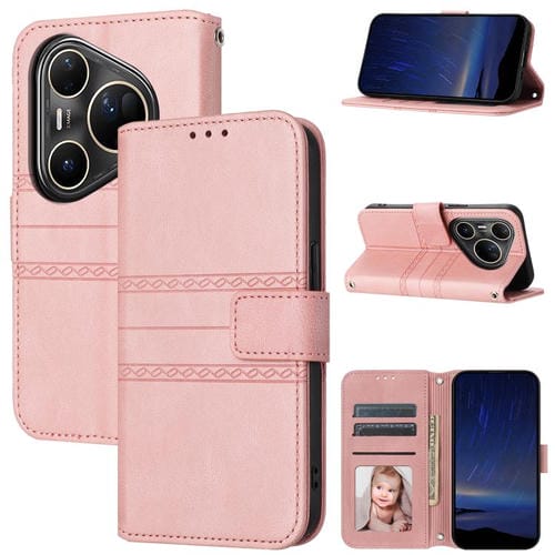 Funda de piel sintética con diseño de rayas en relieve para Huawei Pura 80 Ultra 5G (rosa)
