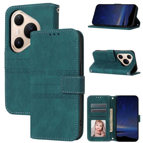 Funda de cuero con textura de rayas en relieve para Huawei Pura 80 Pro 5G / 80 Pro+ 5G (verde oscuro)