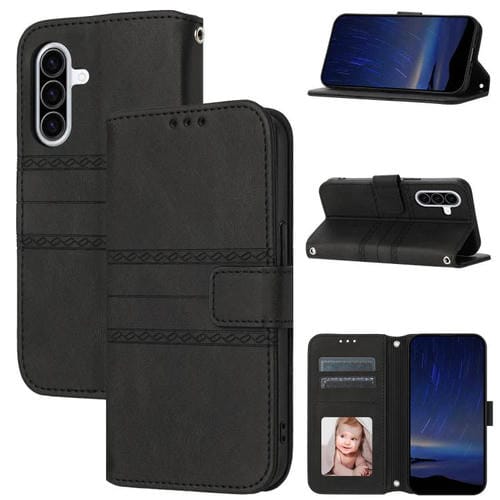 Funda de piel sintética con diseño de rayas en relieve para Samsung Galaxy A17 5G/A26 5G (negra)