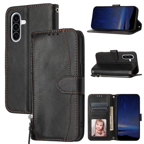 Funda de cuero con cremallera y diseño de aceite para Samsung Galaxy A17 5G / A26 5G (negra)