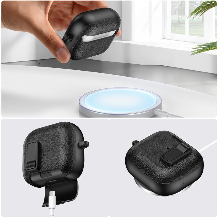 Funda de cuero con textura para auriculares inalámbricos Samsung Galaxy Buds 3/Buds 3 Pro, con gancho y soporte (verde militar)