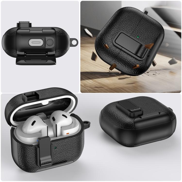 Funda de cuero con textura para auriculares inalámbricos Samsung Galaxy Buds 3/Buds 3 Pro, con gancho y soporte (negro y azul oscuro)