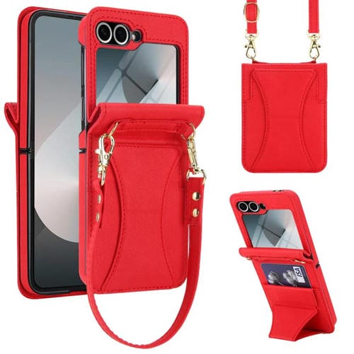 Funda para Samsung Galaxy Z Flip5 con ranura para tarjetas y soporte plegable integrado, con cordón largo y corto (rojo)