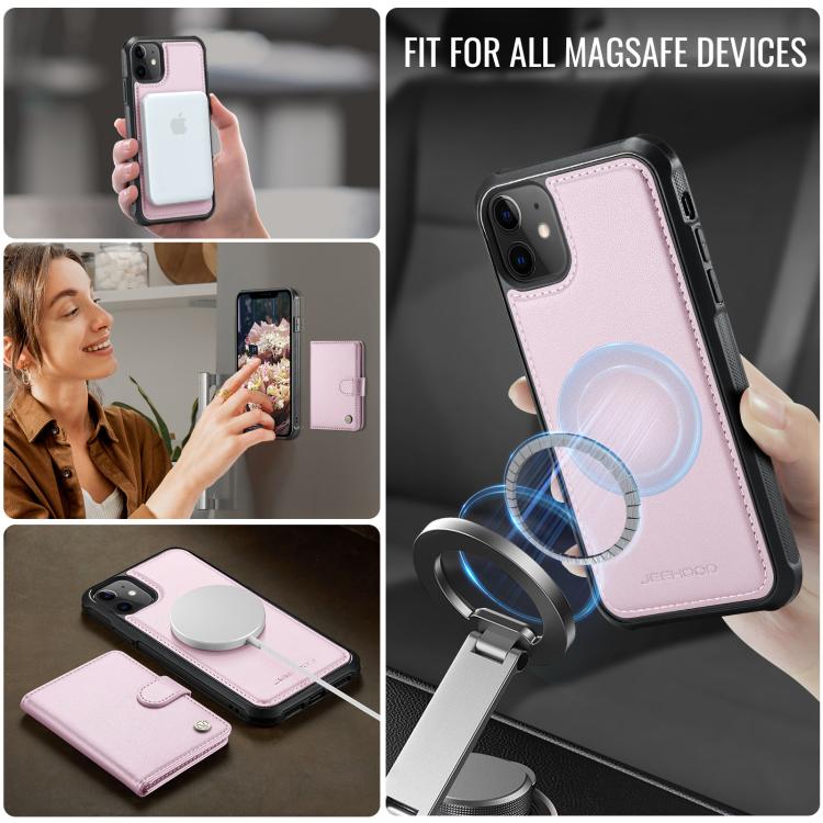 JEEHOOD J09 - Funda de cuero con hebilla para iPhone 11, estilo magnético, RFID, MagSafe (rosa)