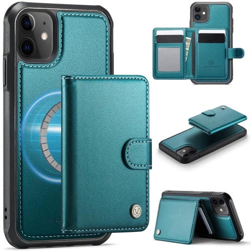 Funda de cuero con hebilla magnética para iPhone 11 JEEHOOD J09, con ranuras para tarjetas, MagSafe, RFID (verde)