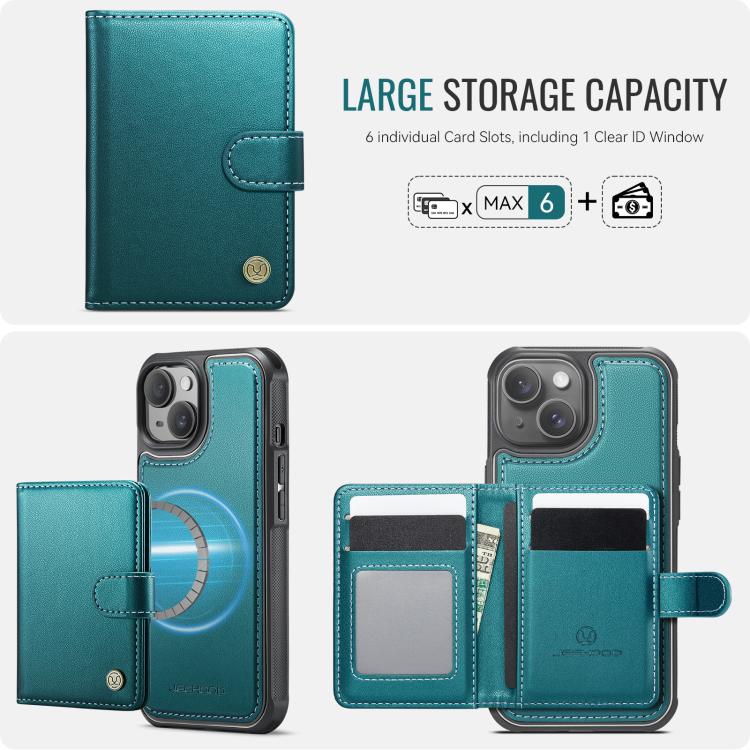 Funda de cuero con hebilla magnética para iPhone 15 JEEHOOD J09, con ranuras para tarjetas, MagSafe, estilo RFID (verde)