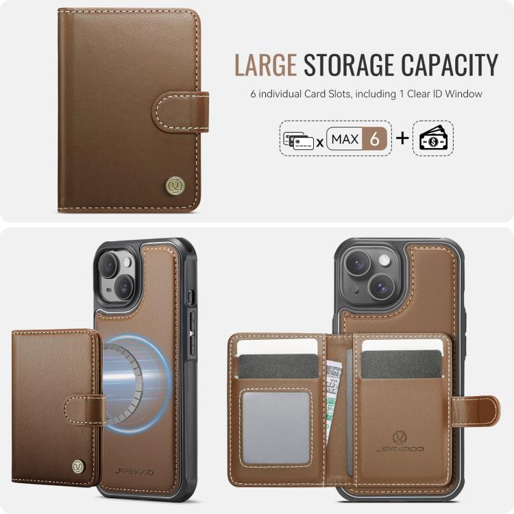 JEEHOOD J09 - Funda de cuero con hebilla para iPhone 15, estilo magnético, RFID, MagSafe (marrón)